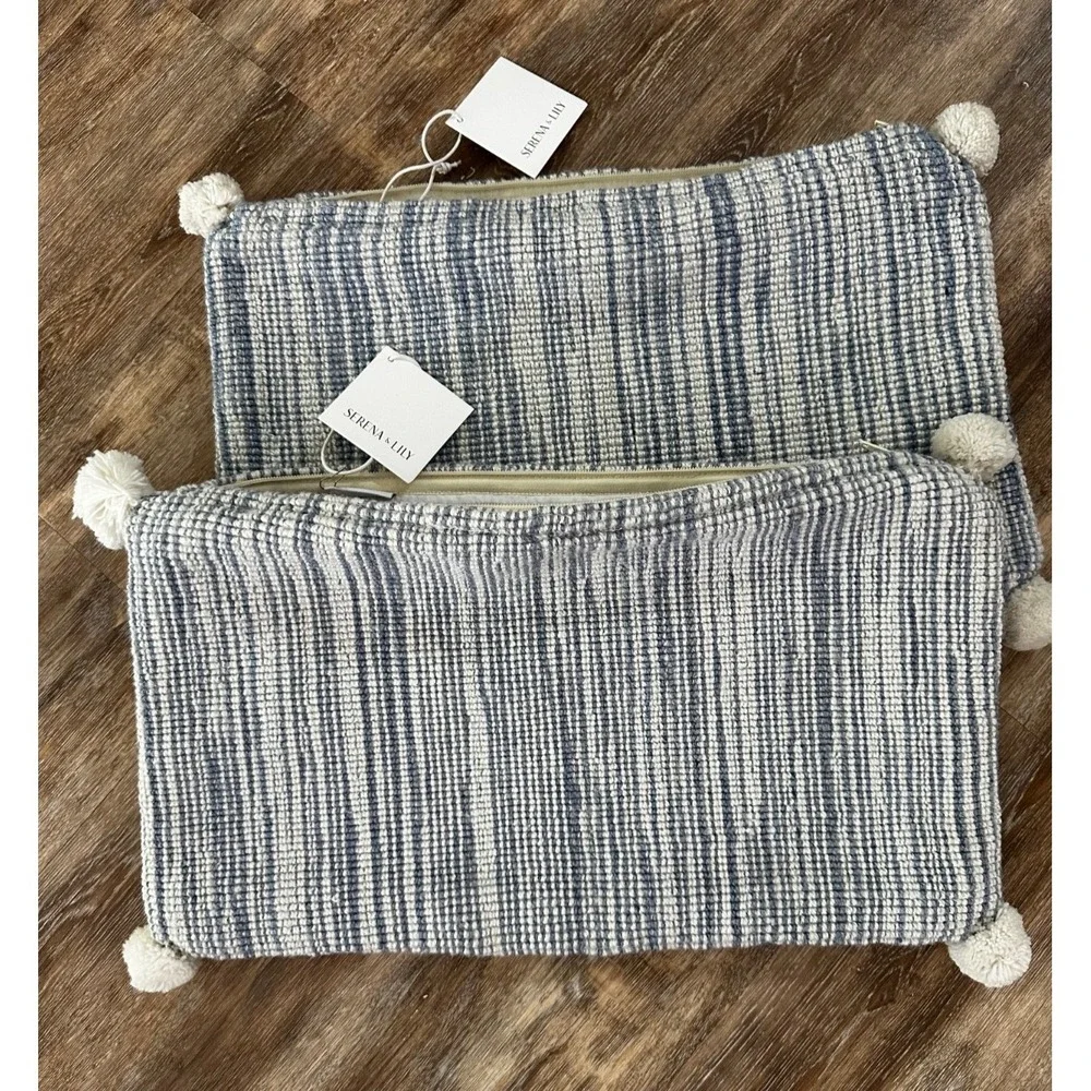 Serena + Lily Bennington pillow covers Heathered Coastal Blue Set Poms 12x21 NEW